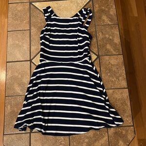Navy white striped double strap dress, Size Medium
